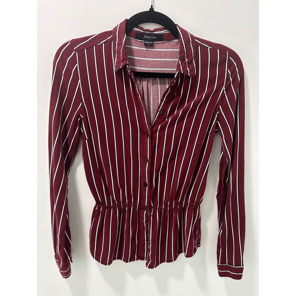 Paper Tee Burgundy White Striped Button Down Blouse Cinched Waist Small